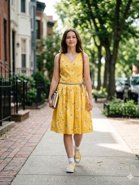 Liz Claiborne Yellow Polka Dot Print Dress with Black Accent Size 4